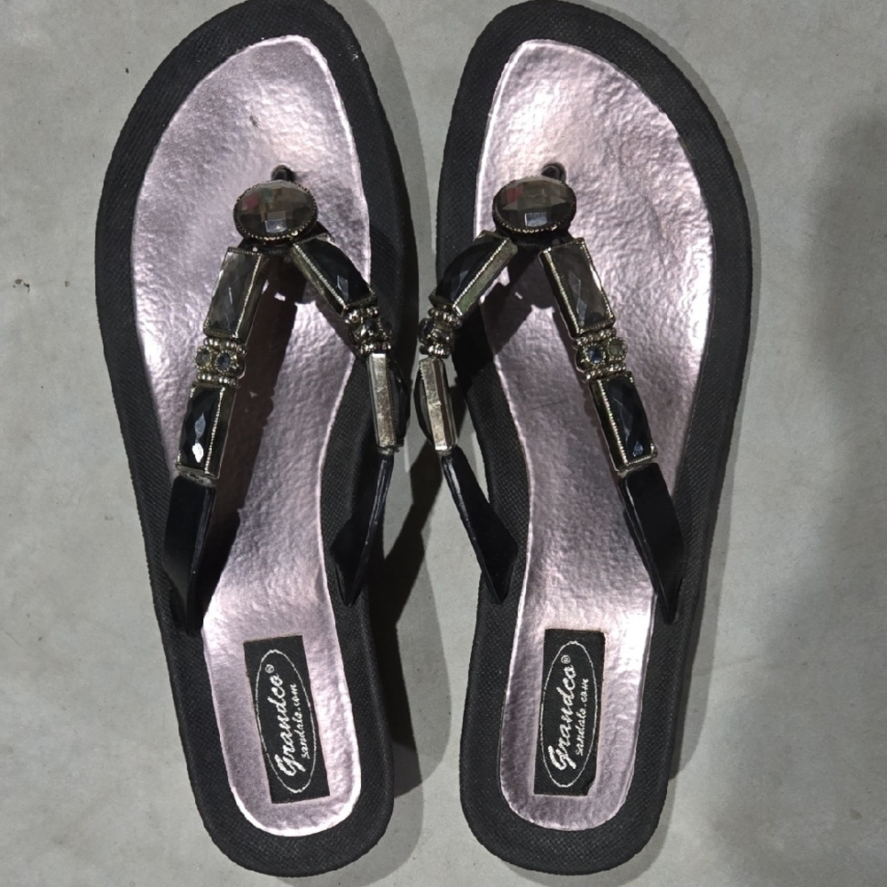 Women's Black and Silver Sandals